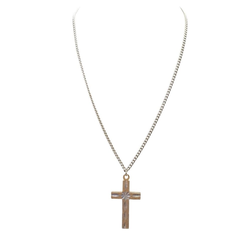 Vintage Two Tone Cross Pendant Necklace with Delicate Silver Tone Chain and Eleg
